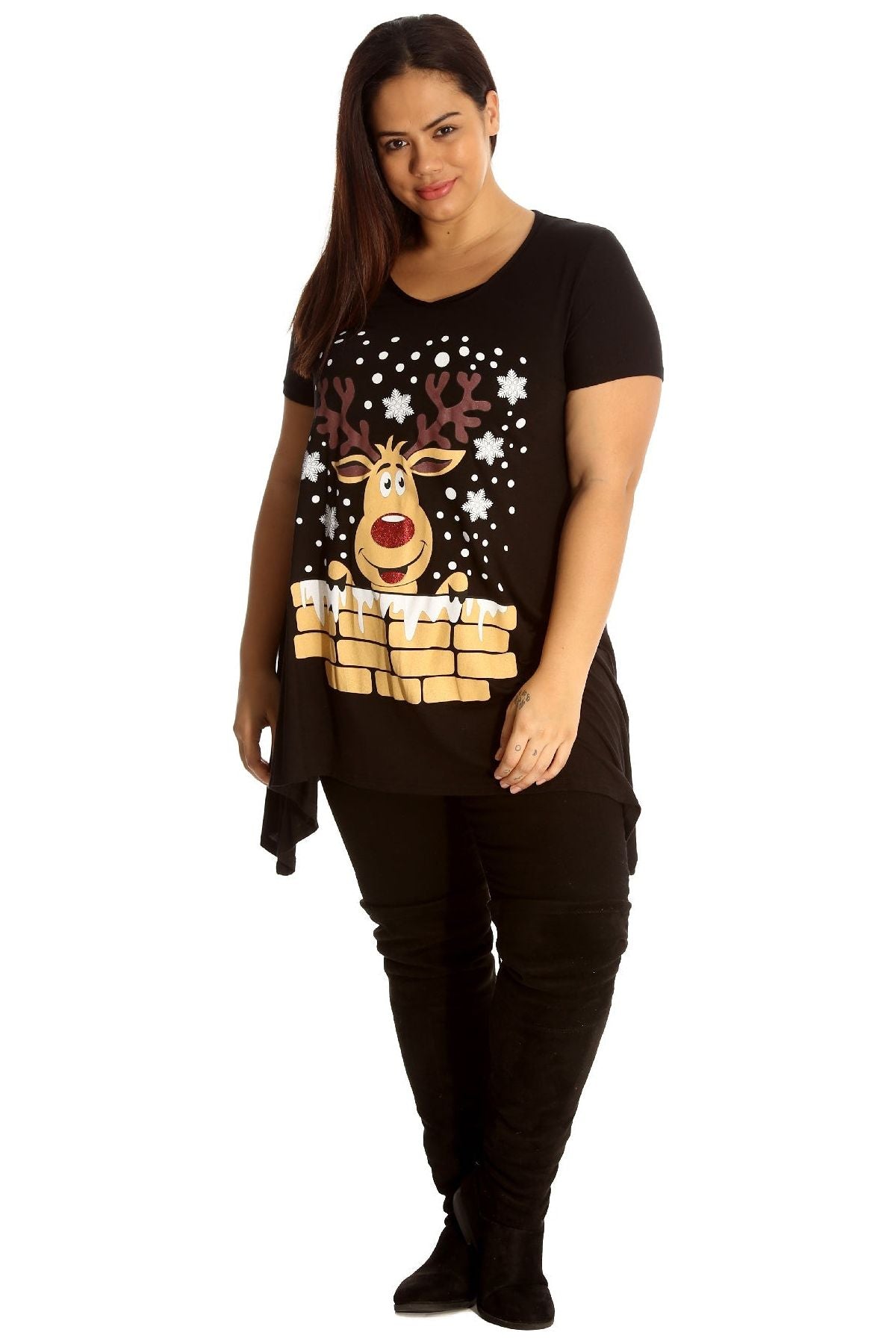 Rudolph on Wall Print Hanky Hem Short Sleeve Top