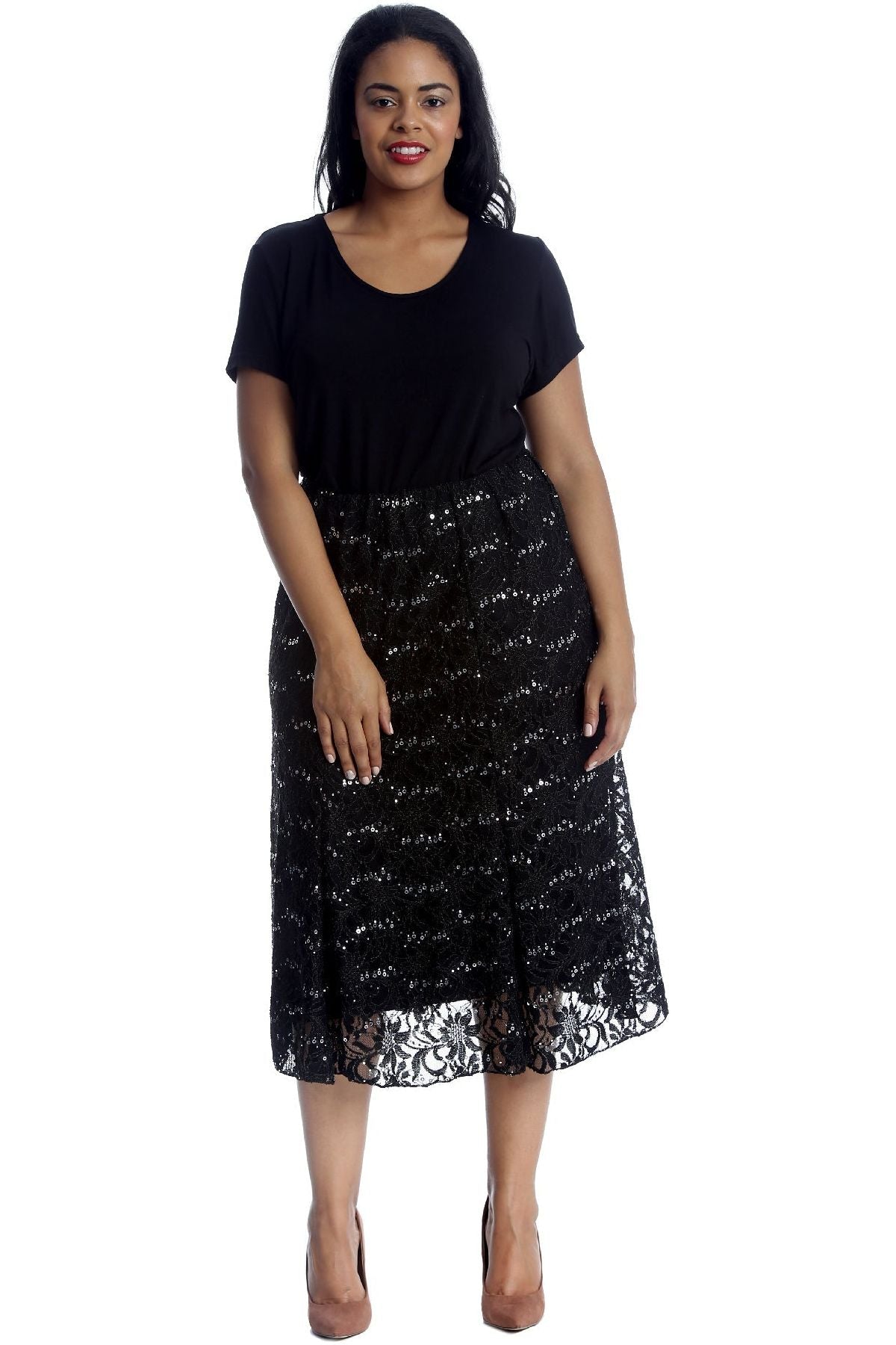 Floral Lace Lined Sequin Flared Midi Skirt