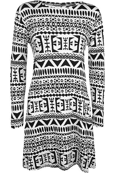 Plus Size Big Aztec Print Long Sleeve Swing Dress Top Dress WearAll