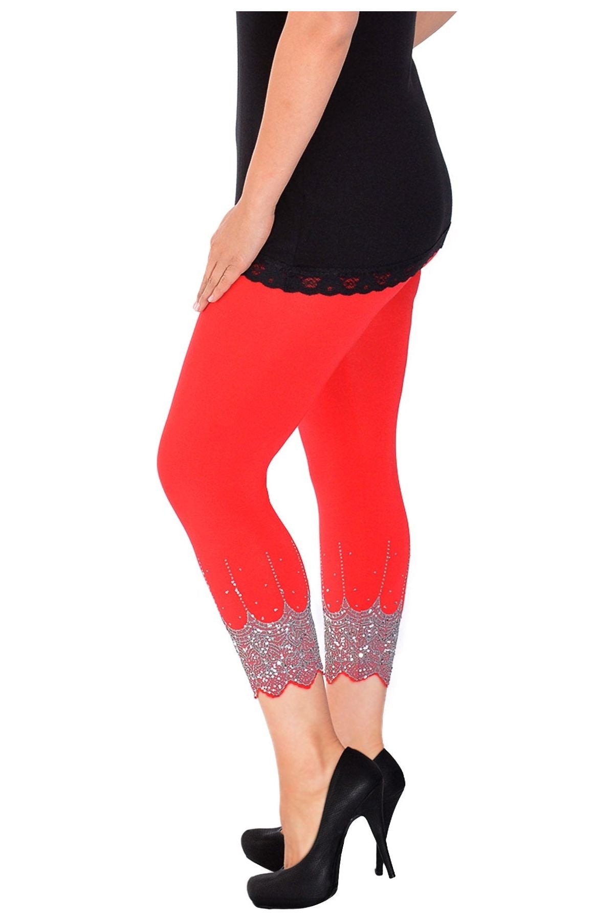 Scallop Edge Sequin Leggings Leggings WearAll Red 12-14