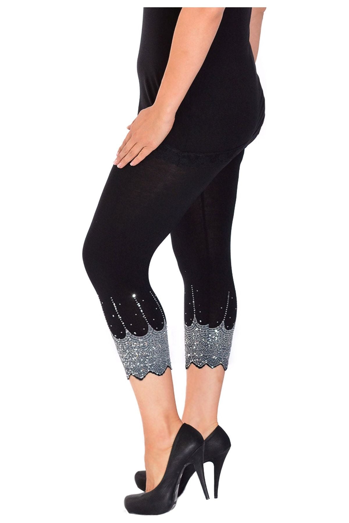 Scallop Edge Sequin Leggings Leggings WearAll Black SIlver 12-14