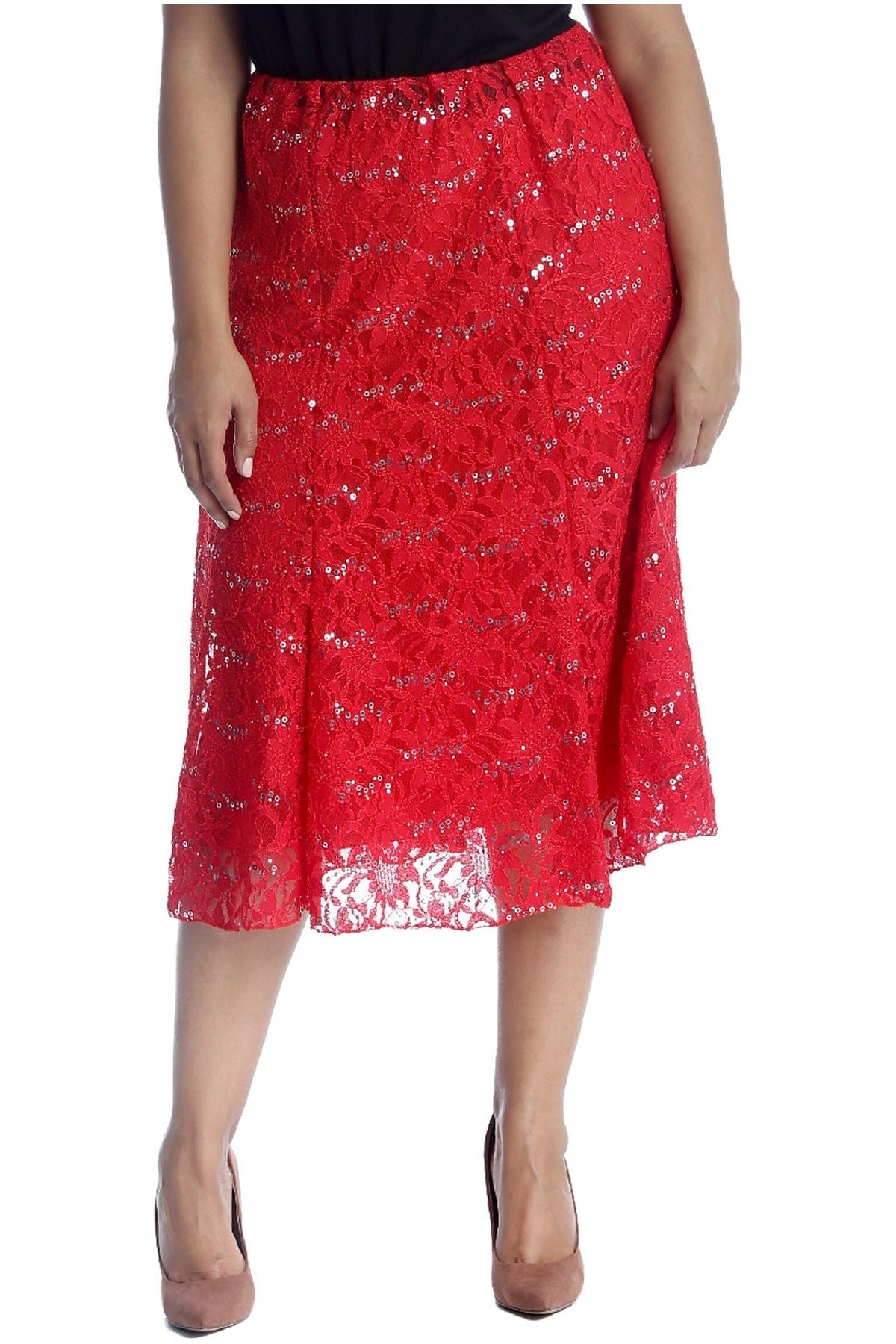 Floral Lace Lined Sequin Flared Midi Skirt