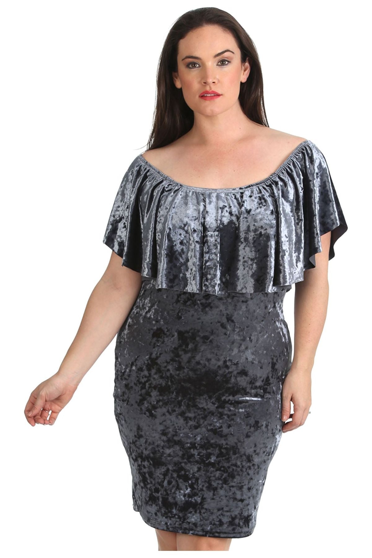 Plus Size Velvet Frill Top Midi Dress Dress WearAll Grey 14