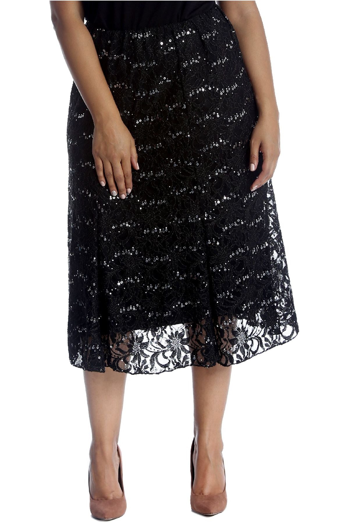 Floral Lace Lined Sequin Flared Midi Skirt