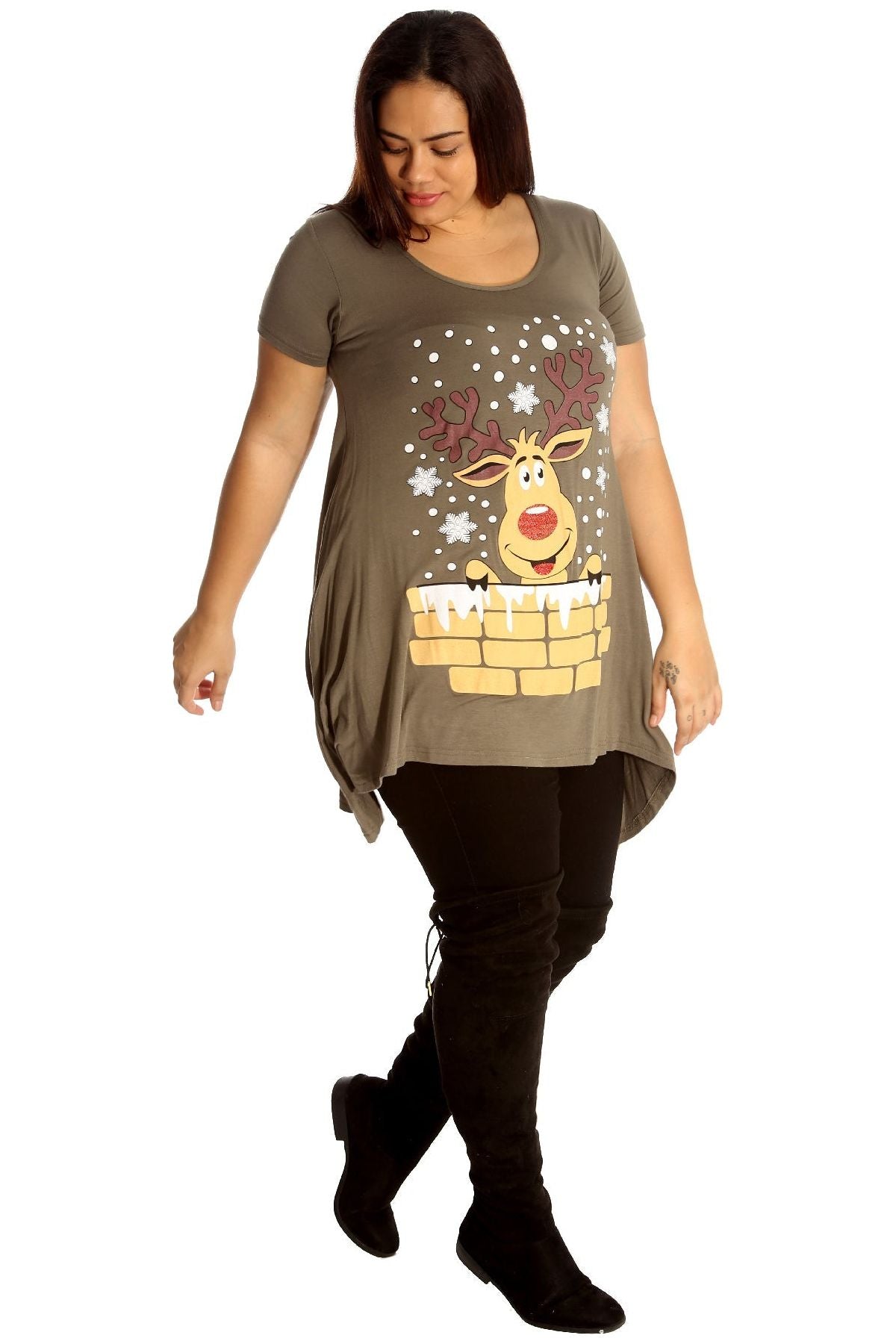 Rudolph on Wall Print Hanky Hem Short Sleeve Top