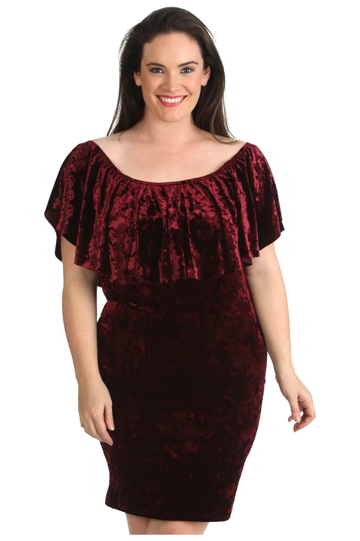 Plus Size Velvet Frill Top Midi Dress Dress WearAll Wine 14