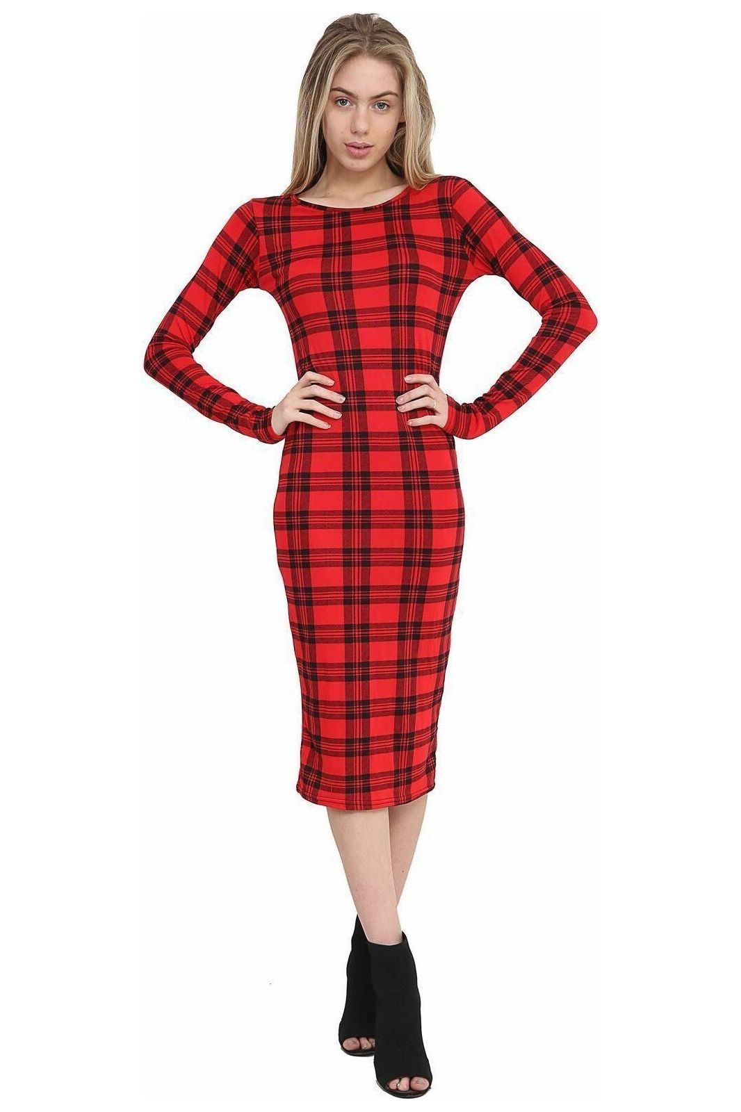 Plus Size Bodycon Stretch Tartan Print Midi Dress Dress WearAll Tartan Red 16-18