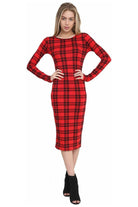 Plus Size Bodycon Stretch Tartan Print Midi Dress Dress WearAll Tartan Red 16-18