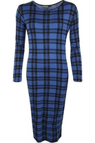 Plus Size Bodycon Stretch Tartan Print Midi Dress Dress WearAll Tartan Blue 16-18