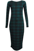 Plus Size Bodycon Stretch Tartan Print Midi Dress Dress WearAll Tartan Green 16-18