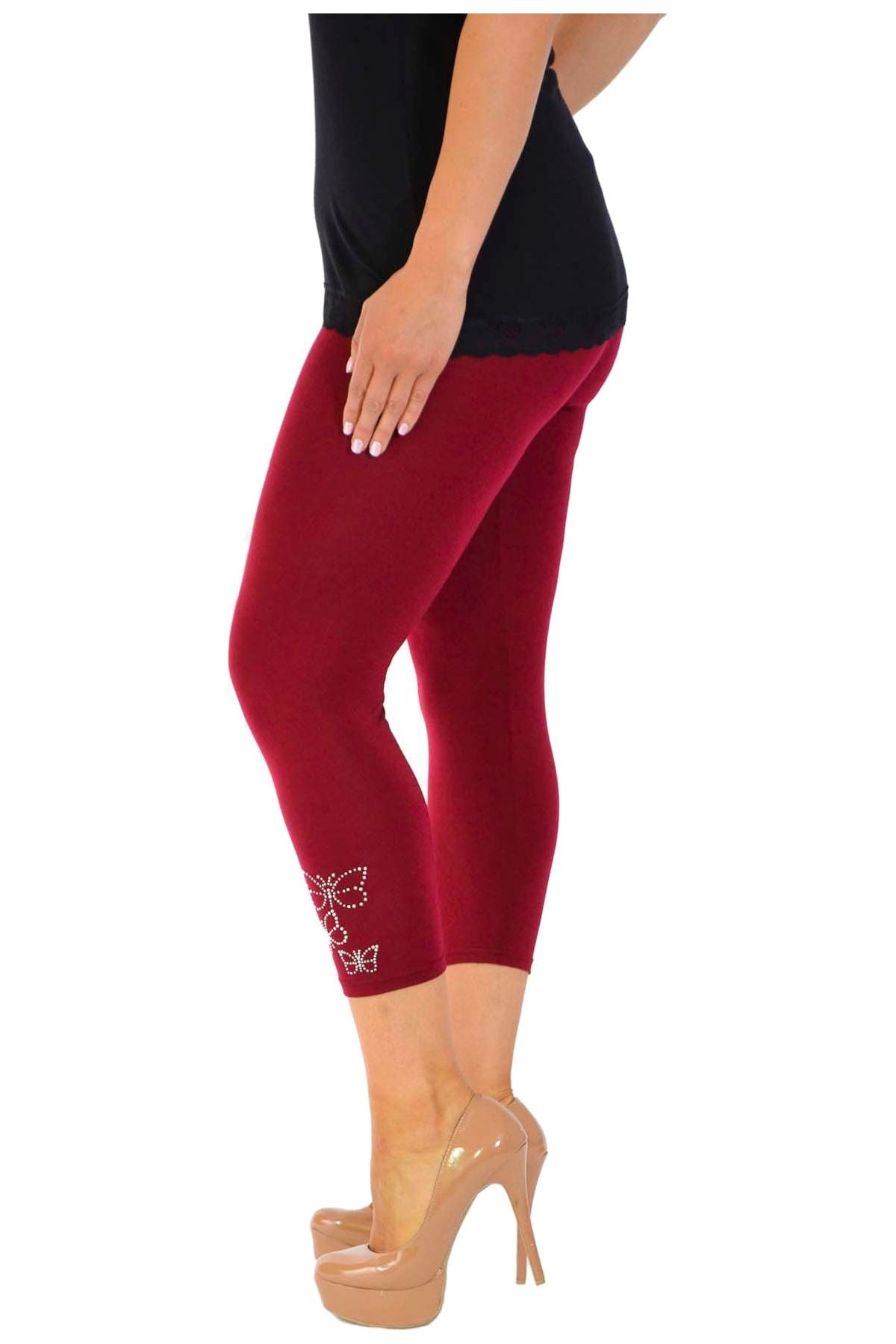 Plus Size 3/4 Butterfly Sequin Leggings Leggings WearAll Wine 16-18