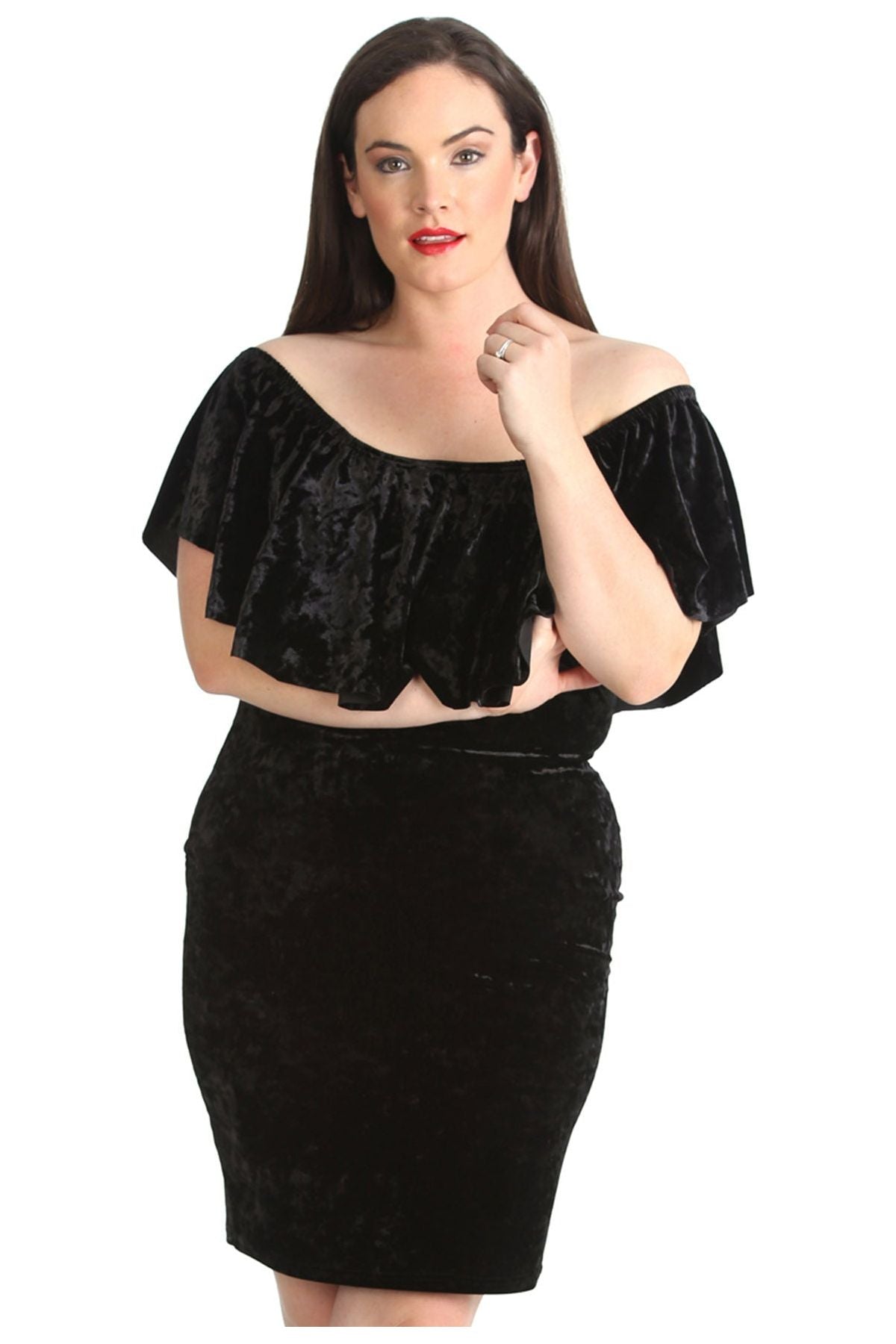 Plus Size Velvet Frill Top Midi Dress Dress WearAll Black 14