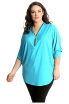 Plus Size Zip Curved Hem V-Neck Batwing Sleeve Top Tops WearAll