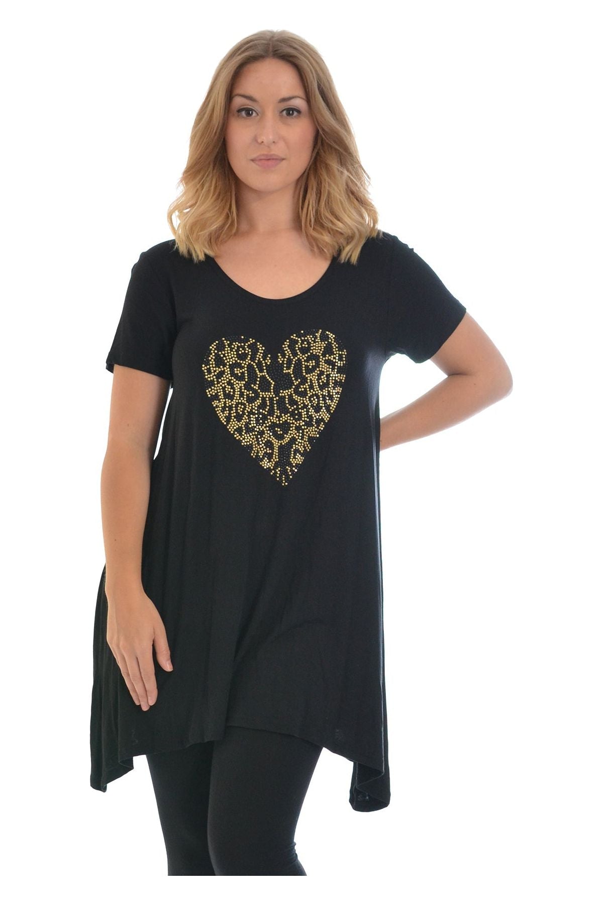 Leopard Print Studded Heart Hanky Hem Short Sleeve Top