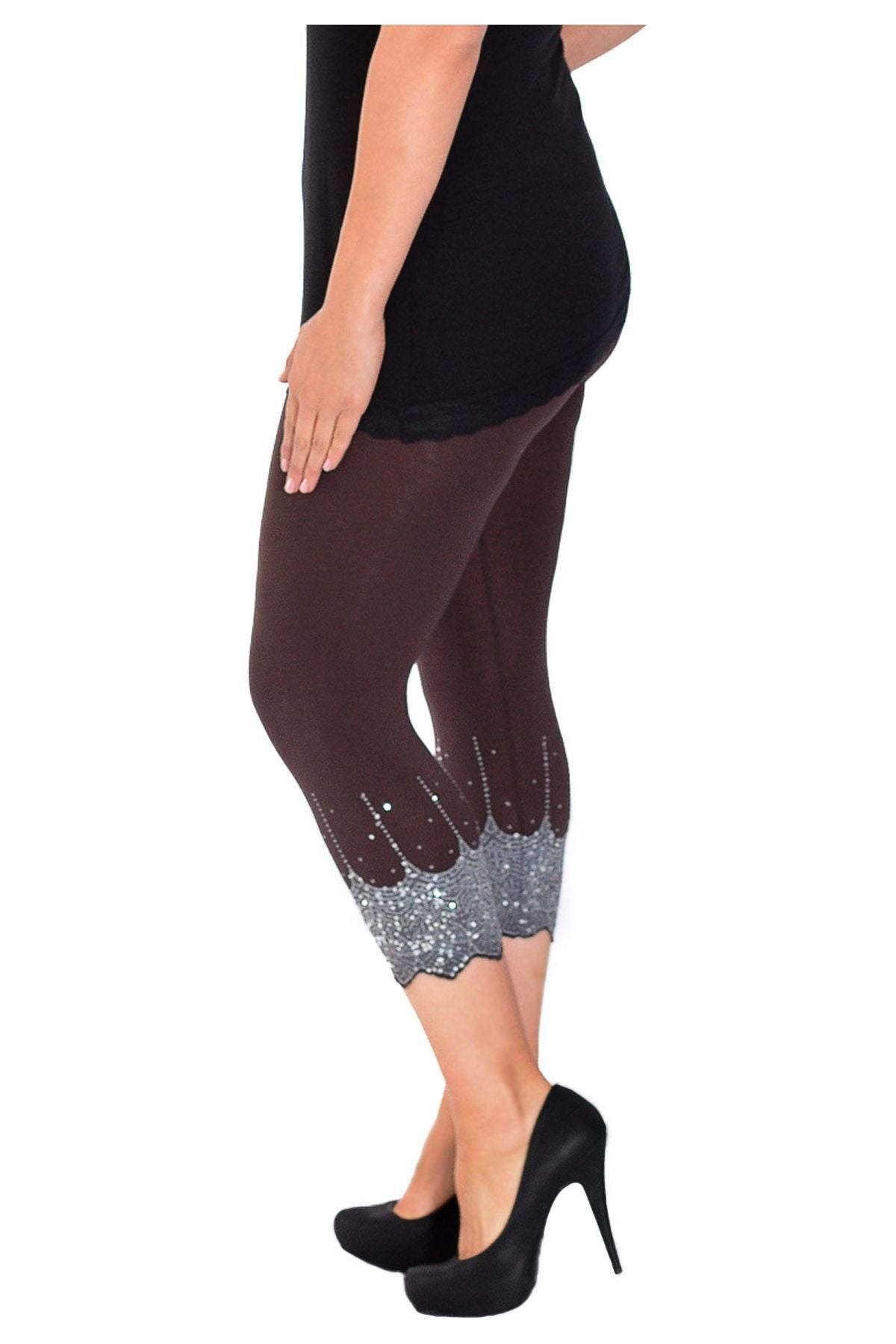 Scallop Edge Sequin Leggings Leggings WearAll Dark Brown 12-14